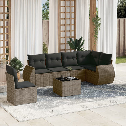 7-tlg. Garten-Sofagarnitur mit Kissen Grau Poly Rattan