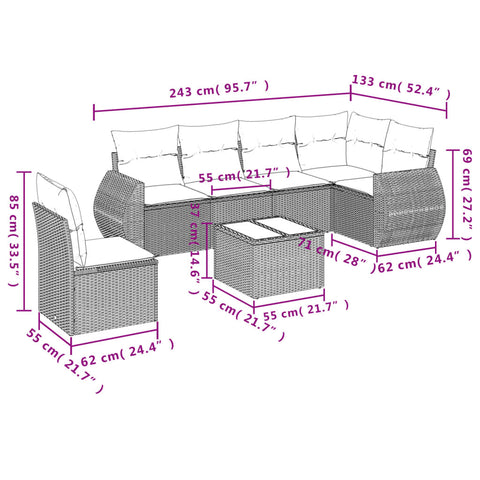 7-tlg. Garten-Sofagarnitur mit Kissen Braun Poly Rattan