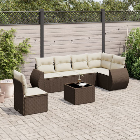 7-tlg. Garten-Sofagarnitur mit Kissen Braun Poly Rattan