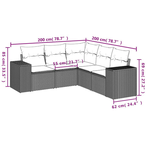 5-tlg. Garten-Sofagarnitur mit Kissen Braun Poly Rattan