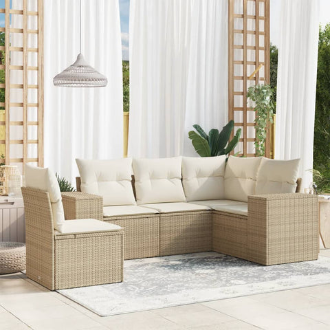 5-tlg. Garten-Sofagarnitur mit Kissen Beige Poly Rattan