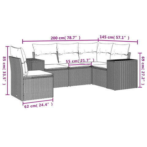 5-tlg. Garten-Sofagarnitur mit Kissen Braun Poly Rattan