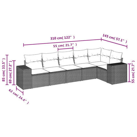 6-tlg. Garten-Sofagarnitur mit Kissen Braun Poly Rattan