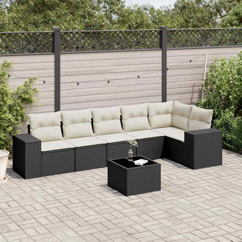 7-tlg. Garten-Sofagarnitur mit Kissen Schwarz Poly Rattan