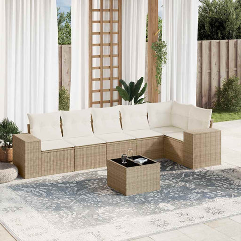 7-tlg. Garten-Sofagarnitur mit Kissen Beige Poly Rattan