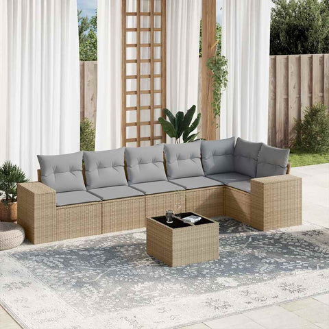 7-tlg. Garten-Sofagarnitur mit Kissen Beige Poly Rattan