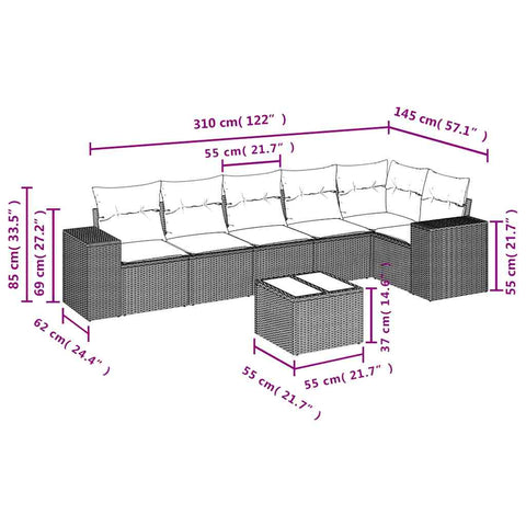 7-tlg. Garten-Sofagarnitur mit Kissen Braun Poly Rattan