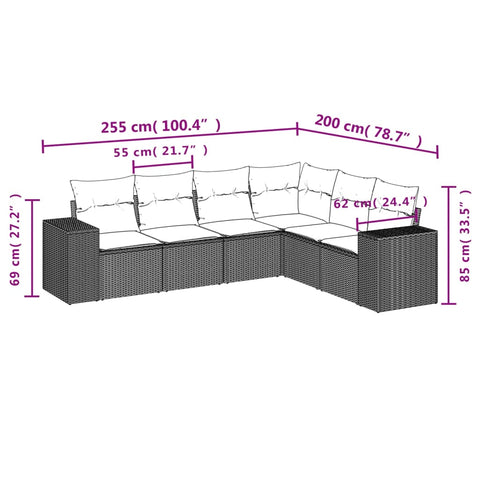 6-tlg. Garten-Sofagarnitur mit Kissen Braun Poly Rattan