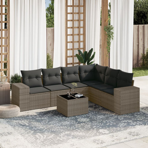 7-tlg. Garten-Sofagarnitur mit Kissen Grau Poly Rattan