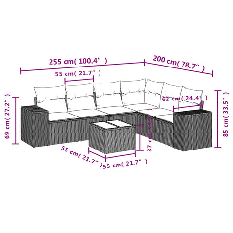 7-tlg. Garten-Sofagarnitur mit Kissen Braun Poly Rattan