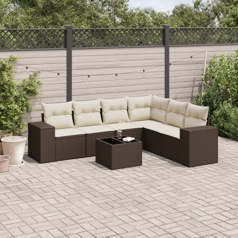 7-tlg. Garten-Sofagarnitur mit Kissen Braun Poly Rattan