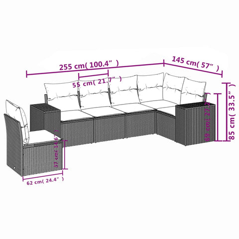 6-tlg. Garten-Sofagarnitur mit Kissen Braun Poly Rattan