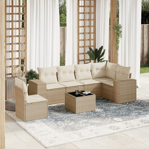 7-tlg. Garten-Sofagarnitur mit Kissen Beige Poly Rattan