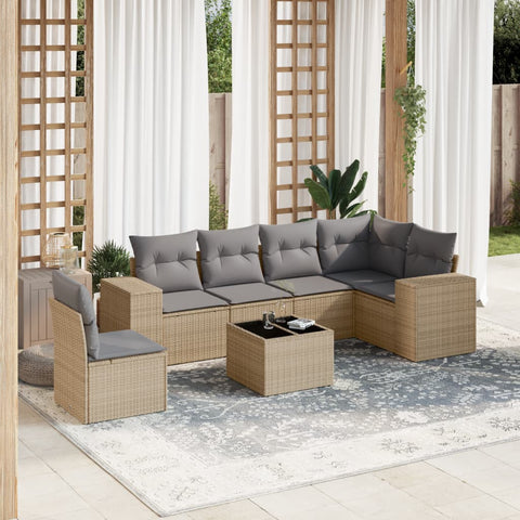 7-tlg. Garten-Sofagarnitur mit Kissen Beige Poly Rattan