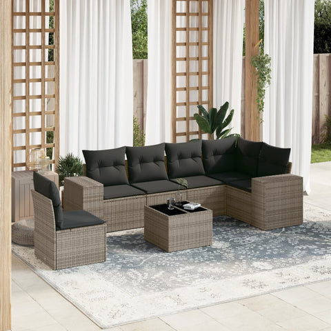 7-tlg. Garten-Sofagarnitur mit Kissen Grau Poly Rattan