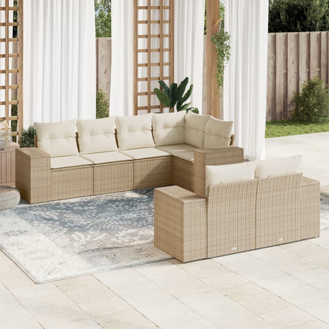 7-tlg. Garten-Sofagarnitur mit Kissen Beige Poly Rattan