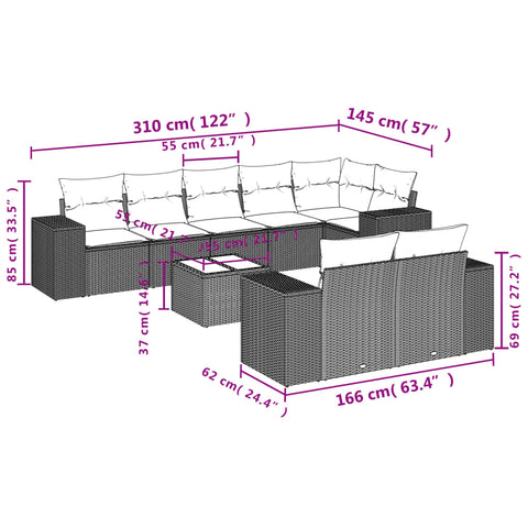 9-tlg. Garten-Sofagarnitur mit Kissen Schwarz Poly Rattan