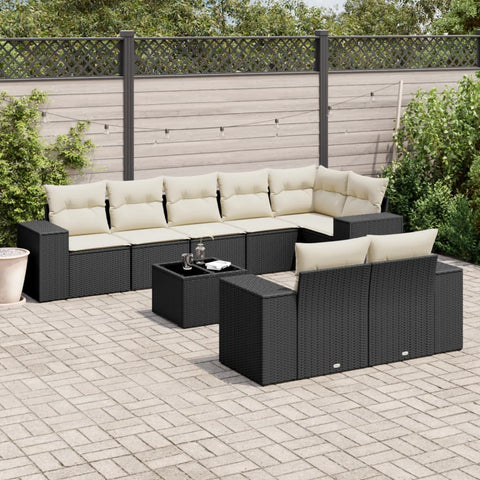 9-tlg. Garten-Sofagarnitur mit Kissen Schwarz Poly Rattan