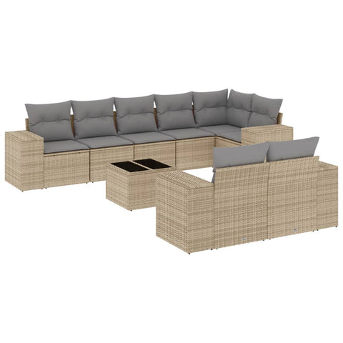 9-tlg. Garten-Sofagarnitur mit Kissen Beige Poly Rattan