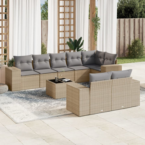 9-tlg. Garten-Sofagarnitur mit Kissen Beige Poly Rattan