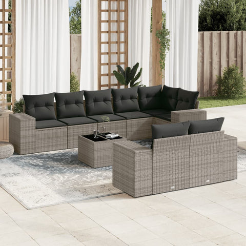 9-tlg. Garten-Sofagarnitur mit Kissen Grau Poly Rattan