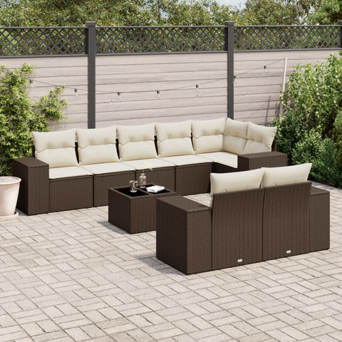 9-tlg. Garten-Sofagarnitur mit Kissen Braun Poly Rattan