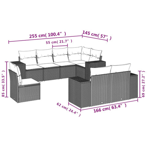 8-tlg. Garten-Sofagarnitur mit Kissen Braun Poly Rattan