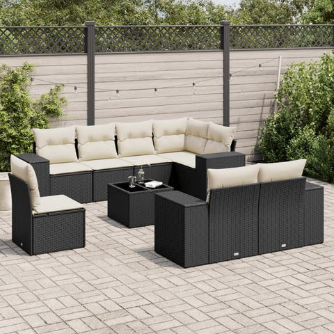 9-tlg. Garten-Sofagarnitur mit Kissen Schwarz Poly Rattan