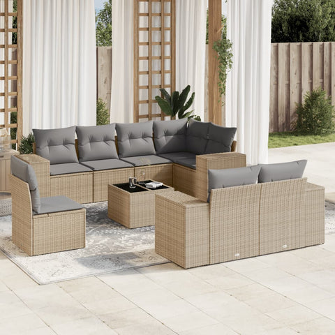 9-tlg. Garten-Sofagarnitur mit Kissen Beige Poly Rattan