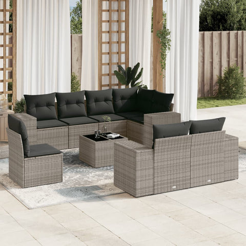 9-tlg. Garten-Sofagarnitur mit Kissen Grau Poly Rattan