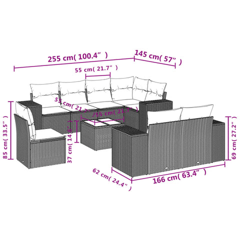 9-tlg. Garten-Sofagarnitur mit Kissen Braun Poly Rattan