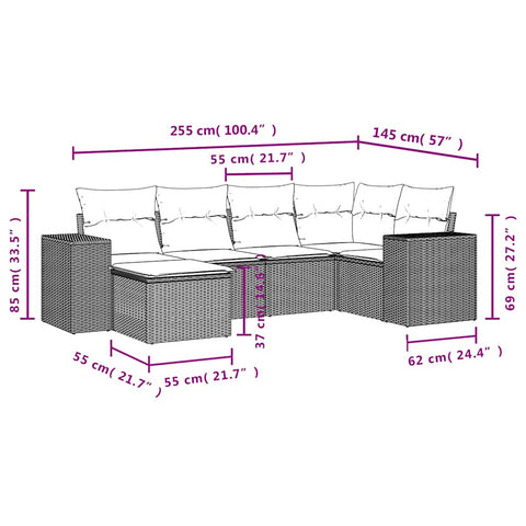 6-tlg. Garten-Sofagarnitur mit Kissen Braun Poly Rattan