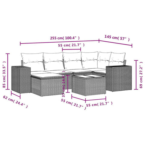 7-tlg. Garten-Sofagarnitur mit Kissen Schwarz Poly Rattan