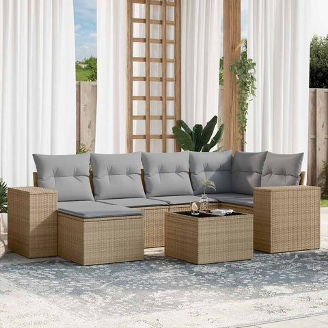 7-tlg. Garten-Sofagarnitur mit Kissen Beige Poly Rattan