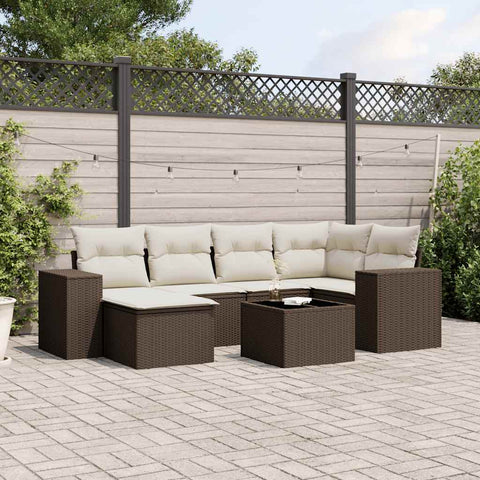 7-tlg. Garten-Sofagarnitur mit Kissen Braun Poly Rattan