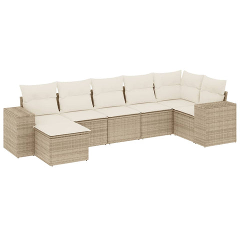 7-tlg. Garten-Sofagarnitur mit Kissen Beige Poly Rattan