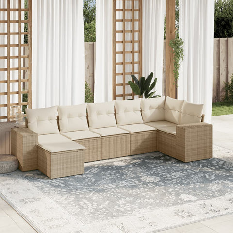 7-tlg. Garten-Sofagarnitur mit Kissen Beige Poly Rattan