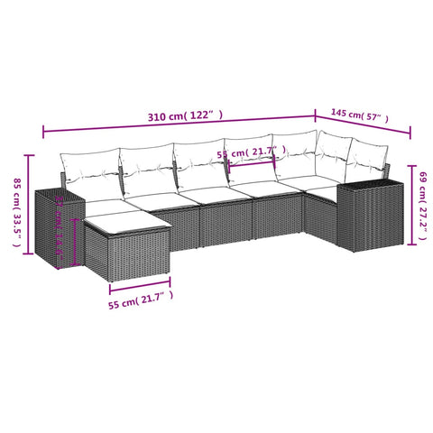 7-tlg. Garten-Sofagarnitur mit Kissen Braun Poly Rattan