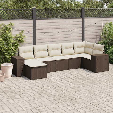 7-tlg. Garten-Sofagarnitur mit Kissen Braun Poly Rattan