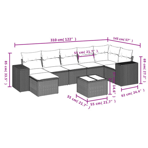 8-tlg. Garten-Sofagarnitur mit Kissen Braun Poly Rattan