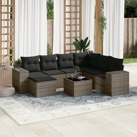 8-tlg. Garten-Sofagarnitur mit Kissen Grau Poly Rattan