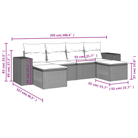 6-tlg. Garten-Sofagarnitur mit Kissen Braun Poly Rattan