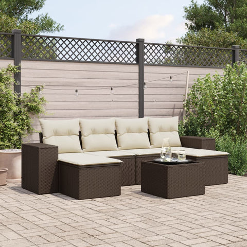 7-tlg. Garten-Sofagarnitur mit Kissen Braun Poly Rattan