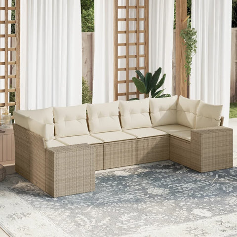 7-tlg. Garten-Sofagarnitur mit Kissen Beige Poly Rattan