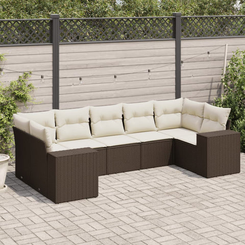 7-tlg. Garten-Sofagarnitur mit Kissen Braun Poly Rattan