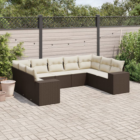 9-tlg. Garten-Sofagarnitur mit Kissen Braun Poly Rattan