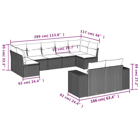 9-tlg. Garten-Sofagarnitur mit Kissen Braun Poly Rattan