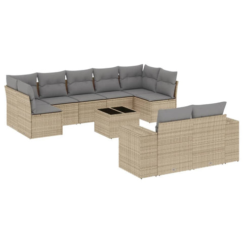 10-tlg. Garten-Sofagarnitur mit Kissen Beige Poly Rattan