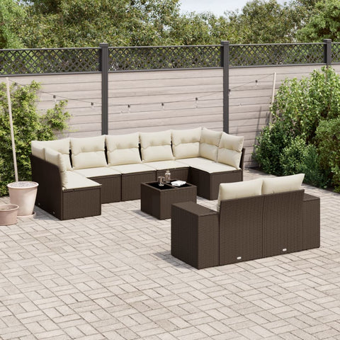 10-tlg. Garten-Sofagarnitur mit Kissen Braun Poly Rattan