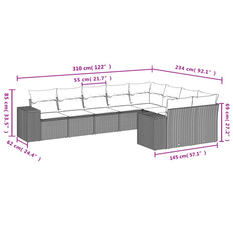 9-tlg. Garten-Sofagarnitur mit Kissen Braun Poly Rattan